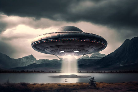 UFO an alien saucer hovering above the field in the clouds, hovering motionless in the sky. Unidentified flying object, alien invasion, extraterrestrial life, space travel, spaceship. illustrationの素材