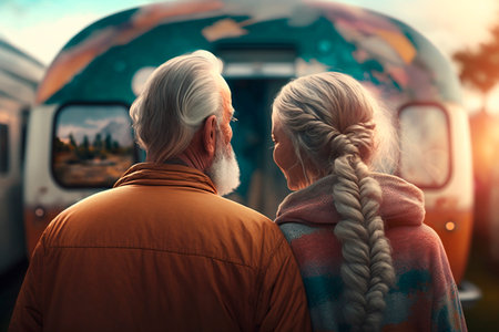 An elderly couple standing in front of their camper or RV, heads leaned together, reflecting on a life of love and adventure.の素材