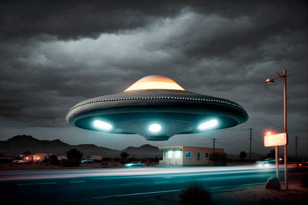 UFO an alien saucer hovering above the field in the clouds, hovering motionless in the sky. Unidentified flying object, alien invasion, extraterrestrial life, space travel, spaceship. illustrationの素材