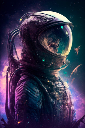 Alien in futuristic cosmonaut suit with space in the background AI generated contentの素材
