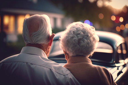 An elderly couple standing by their car, heads leaned together, reflecting on a life of love and dreams fulfilled.の素材