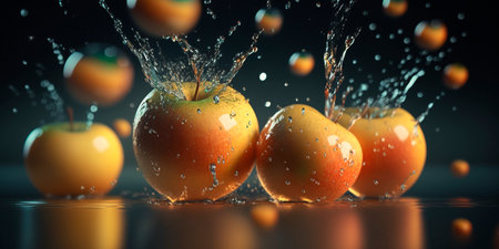 This beautiful digital illustration captures the moment when multiple apples fall into water, creating ripples on the surface. The use of color and texture adds depth and interest to the image.の素材