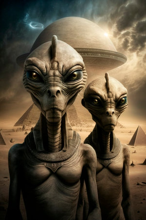 Mystic Aliens in front of the pyramids in Egypt AI generated contentの素材