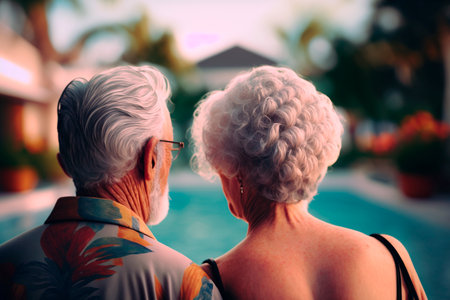 An elderly couple standing by a pool on vacation, heads leaned together, savoring their love and fulfilling life wishes.の素材