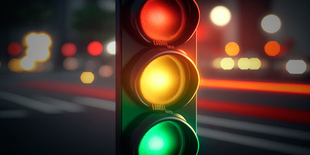 This illustration shows a traffic light against a blurred cityscape, evoking movement and energy. Red, yellow and green lights contrast with soft, hazy city lights.の素材