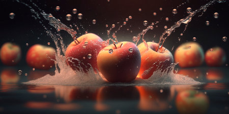 This beautiful digital illustration captures the moment when multiple apples fall into water, creating ripples on the surface. The use of color and texture adds depth and interest to the image.の素材