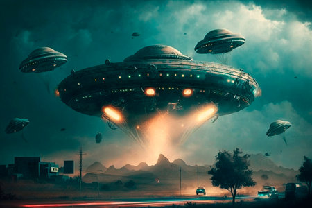 UFO an alien saucer hovering above the field in the clouds, hovering motionless in the sky. Unidentified flying object, alien invasion, extraterrestrial life, space travel, spaceship. illustrationの素材