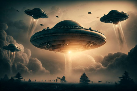 UFO an alien saucer hovering above the field in the clouds, hovering motionless in the sky. Unidentified flying object, alien invasion, extraterrestrial life, space travel, spaceship. illustrationの素材
