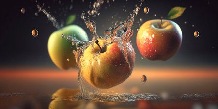 This beautiful digital illustration captures the moment when multiple apples fall into water, creating ripples on the surface. The use of color and texture adds depth and interest to the image.の素材