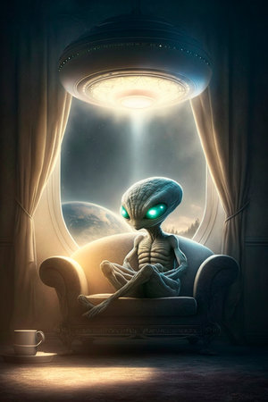 Alien sitting on a sofa and chills with a floating UFO AI generated contentの素材