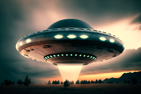 UFO an alien saucer hovering above the field in the clouds, hovering motionless in the sky. Unidentified flying object, alien invasion, extraterrestrial life, space travel, spaceship. illustrationの素材