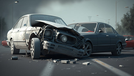 A tragic car accident on a rural road leaves behind destruction and devastation. The aftermath of the crash is captured in this powerful imageの素材