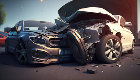 A tragic car accident on a rural road leaves behind destruction and devastation. The aftermath of the crash is captured in this powerful imageの素材