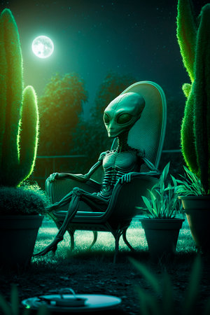 Relaxed alien sitting in a garden chair in the garden with moon AI generated contentの素材
