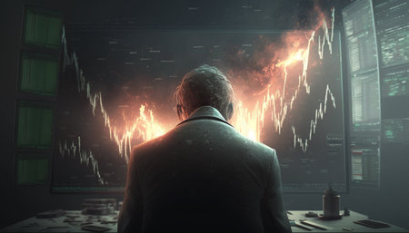 A mystical representation of a man watching a stock market crash on a screen during a storm.の素材