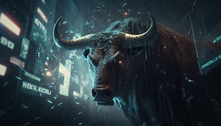 A mystical representation of a raging bull amidst a storm, symbolizing a stock market crash.の素材