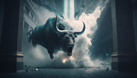 A mystical representation of a raging bull amidst a storm, symbolizing a stock market crash.の素材