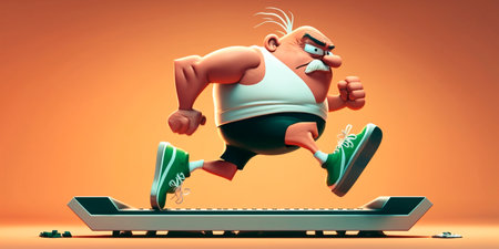 Cartoon character having a laugh while getting fit on a treadmill in this fun illustration.の素材
