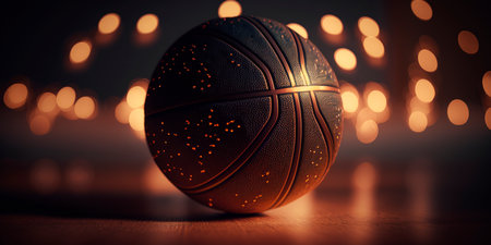 This sports photography showcases a close-up of a basketball with a bokeh background, giving the image depth and interest. The focus on the ball highlights its texture and details.の素材