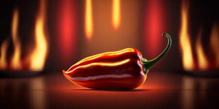 Illustration of a red hot chili pepper with flames and fireの素材