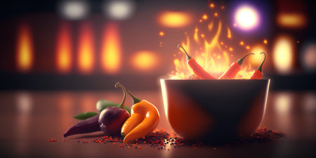 Spicy chili peppers sizzle in a fiery bowl of chili in this vibrant illustration.の素材