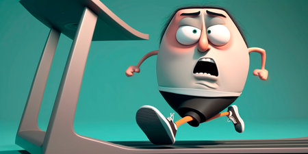 Cartoon character having a laugh while getting fit on a treadmill in this fun illustration.の素材