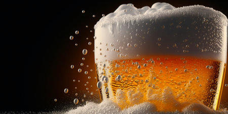 Illustration of refreshing cold beer with a foam head with drops AI generated contentの素材