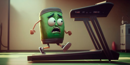 Cartoon character having a laugh while getting fit on a treadmill in this fun illustration.の素材