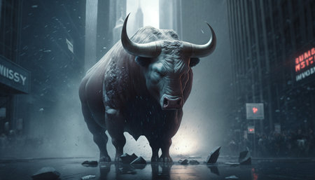A mystical representation of a raging bull amidst a storm, symbolizing a stock market crash.の素材
