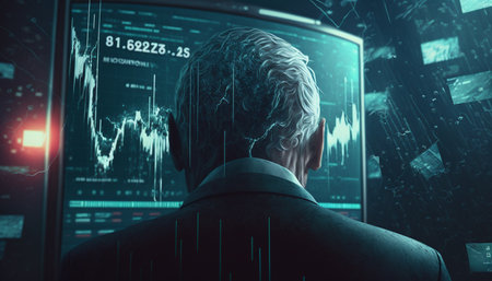 A mystical representation of a man watching a stock market crash on a screen during a storm.の素材
