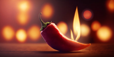 Illustration of a red hot chili pepper with flames and fireの素材