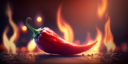 Illustration of a red hot chili pepper with flames and fireの素材