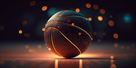 This sports photography showcases a close-up of a basketball with a bokeh background, giving the image depth and interest. The focus on the ball highlights its texture and details.の素材