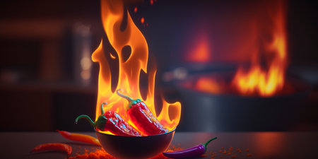Spicy chili peppers sizzle in a fiery bowl of chili in this vibrant illustration.の素材