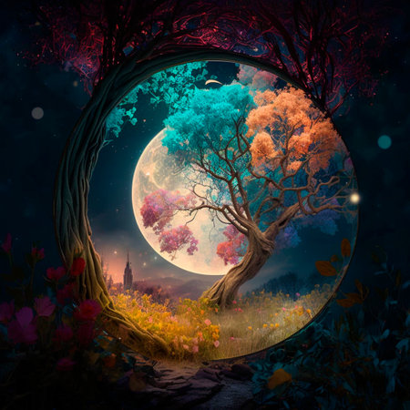Illustration fantasy fairy tale tree landscape with moon in the evening AI generated content fairytaleの素材