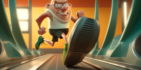 Cartoon character having a laugh while getting fit on a treadmill in this fun illustration.の素材