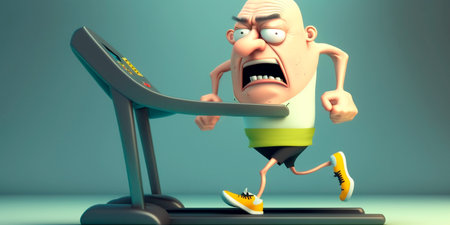 Cartoon character having a laugh while getting fit on a treadmill in this fun illustration.の素材