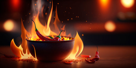 Spicy chili peppers sizzle in a fiery bowl of chili in this vibrant illustration.の素材