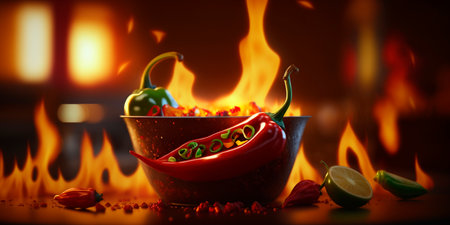 Spicy chili peppers sizzle in a fiery bowl of chili in this vibrant illustration.の素材