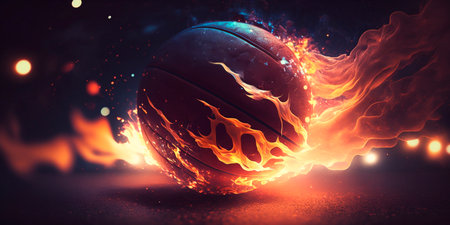 A dramatic digital illustration of a basketball in extreme close-up with fiery flames and sparks in the background.の素材