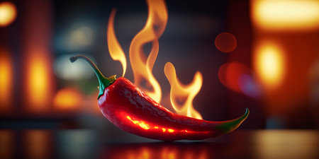 Illustration of a red hot chili pepper with flames and fireの素材