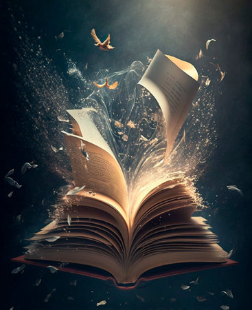 Illustration of a mystical magical fantasy book with flying leaves and letters AI generated contentの素材
