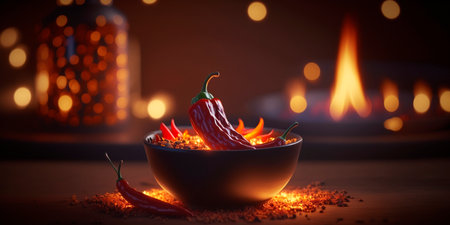 Spicy chili peppers sizzle in a fiery bowl of chili in this vibrant illustration.の素材