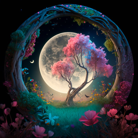 Illustration fantasy fairy tale tree landscape with moon in the evening AI generated content fairytaleの素材
