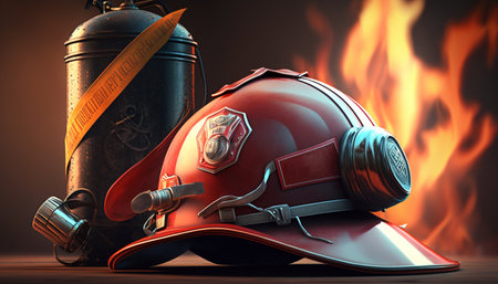 Essential safety gear in action: A fire extinguisher and firefighter helmet in front of flames in the backgroundの素材