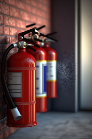 Multiple fire extinguishers mounted on wall for emergency situations, ensuring safety and preparedness.の素材