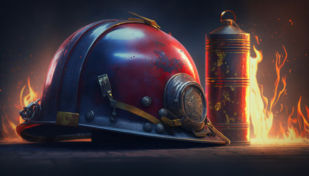 Essential safety gear in action: A fire extinguisher and firefighter helmet in front of flames in the backgroundの素材