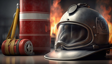 Essential safety gear in action: A fire extinguisher and firefighter helmet in front of flames in the backgroundの素材