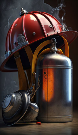 Essential safety gear in action: A fire extinguisher and firefighter helmet in front of flames in the backgroundの素材