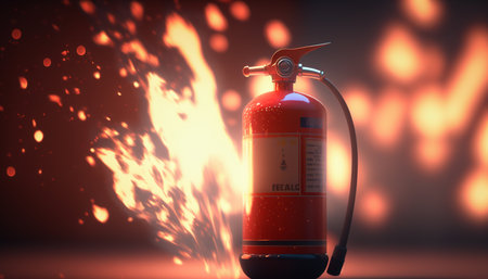 Fighting fire with essential safety equipment: A fire extinguisher in front of flames in the backgroundの素材
